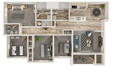 Floor plan for 4 beds, 2 baths, 1376 sqft